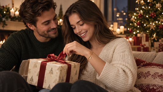 Frau trägt ein goldenes Partnerarmband mit Herz zu Weihnachten