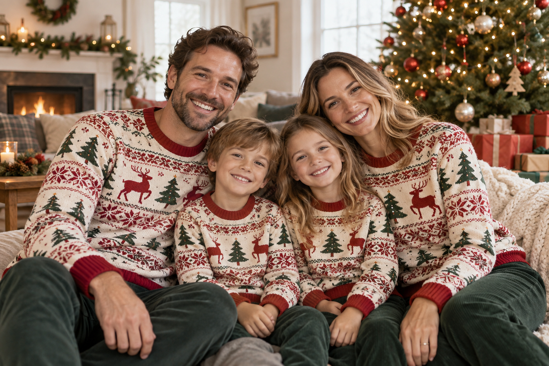Familie trägt passende Weihnachtspullover im Wohnzimmer