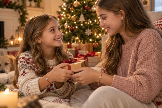 Schwestern tragen passende Freundschaftsarmbänder zu Weihnachten