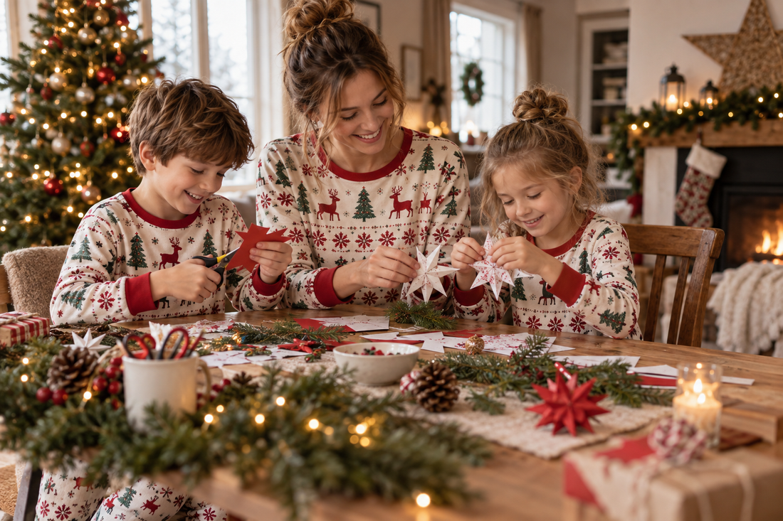 Familie trägt passende Weihnachtspyjamas beim Basteln