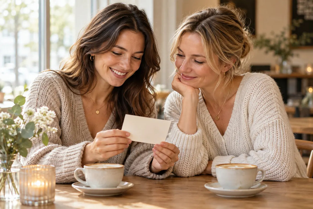 Zwei Freundinnen lesen gemeinsam eine unbeschriftete Karte an einem Café-Tisch.