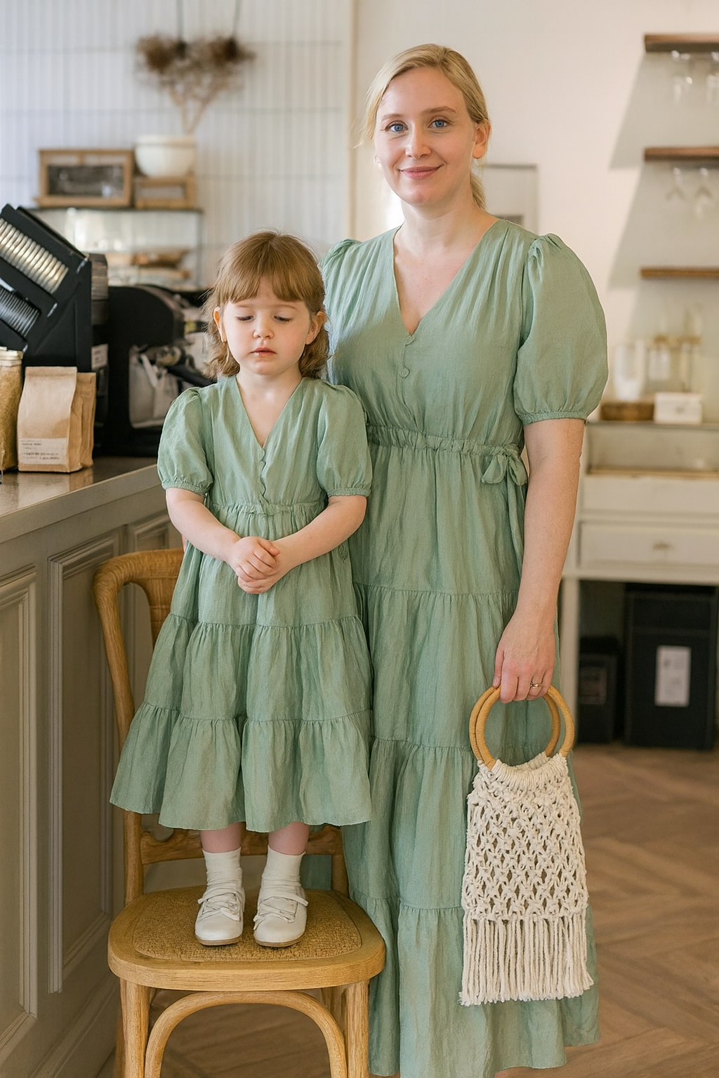 Einfarbiges Mutter-Tochter-Kleid