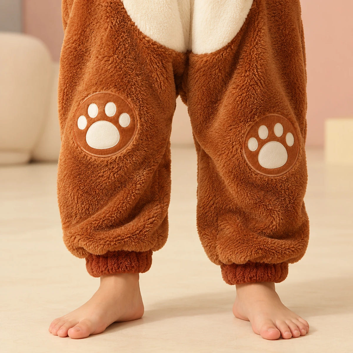 Brauner Bärenpyjama – Beinmotiv und Abschluss