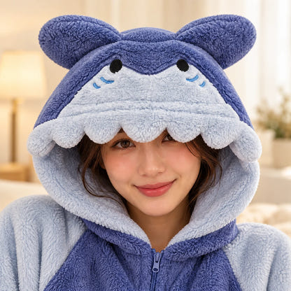 Blue Family Pjs – Detail der blauen Haifischkapuze
