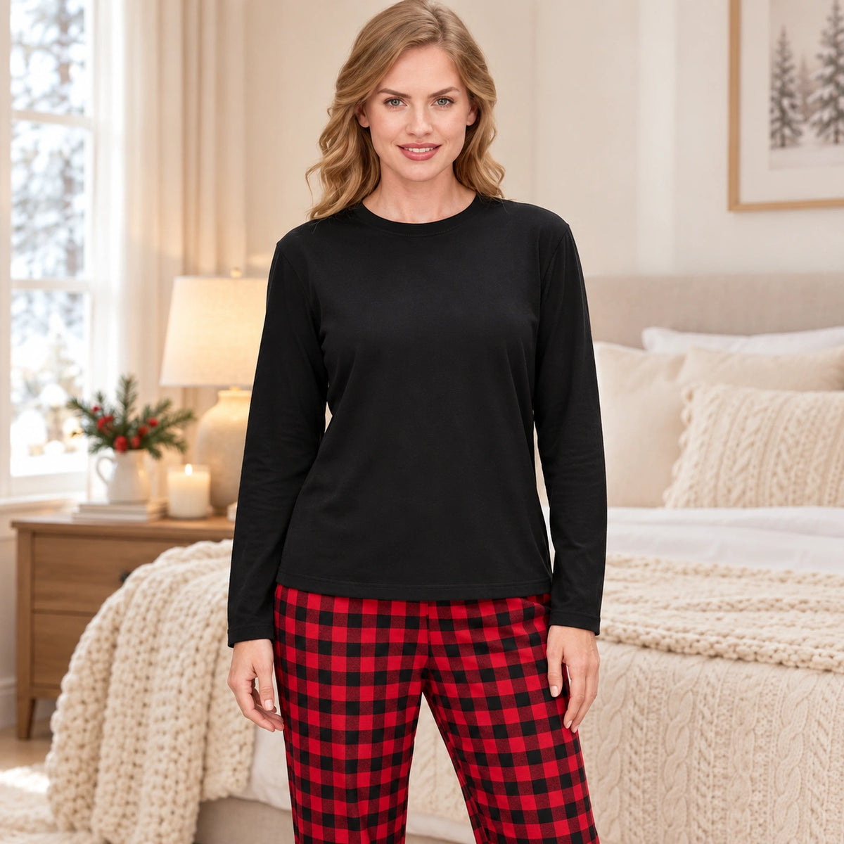 Matching Family Pyjamas – Schwarzes Oberteil und rot karierte Hose