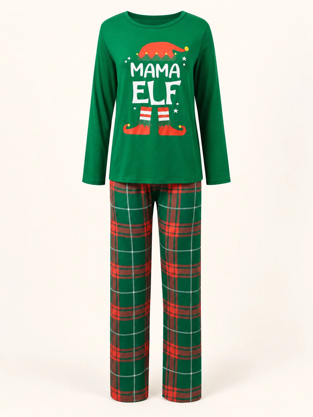 Kuscheliger Schlafanzug Weihnachten – grüner Mama-Elf-Pyjama mit rot-grün karierter Hose in der Vorderansicht