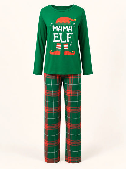 Kuscheliger Schlafanzug Weihnachten – grüner Mama-Elf-Pyjama mit rot-grün karierter Hose in der Vorderansicht