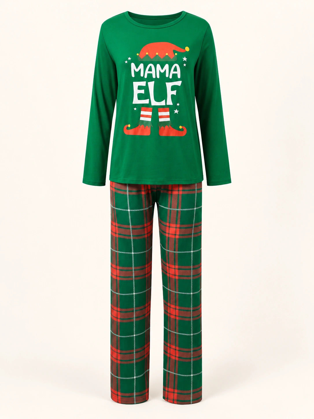 Kuscheliger Schlafanzug Weihnachten – grüner Mama-Elf-Pyjama mit rot-grün karierter Hose in der Vorderansicht