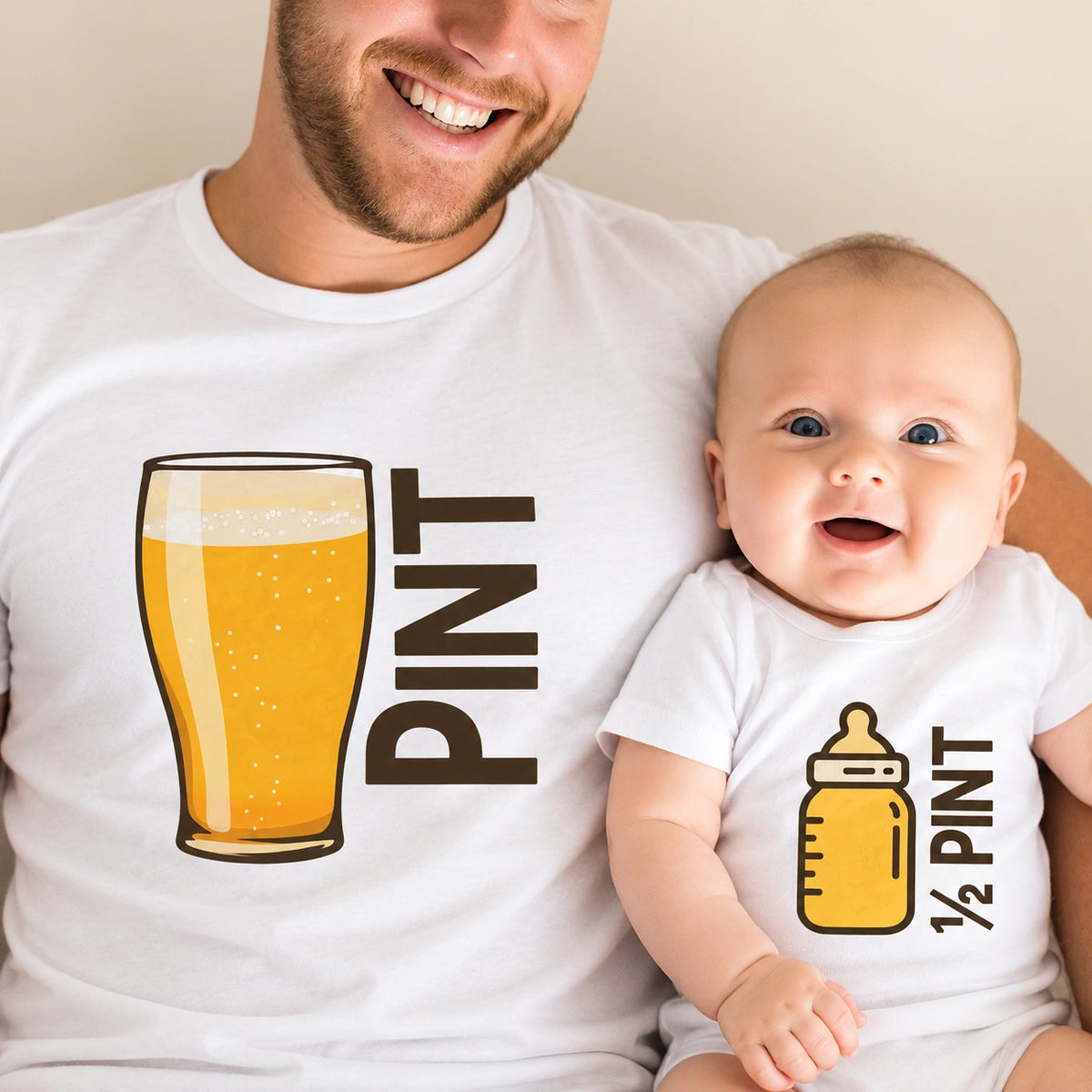 Grillen Papa Sohn T-Shirt – Detail der PINT- und Half-Pint-Motive auf weißen Oberteilen