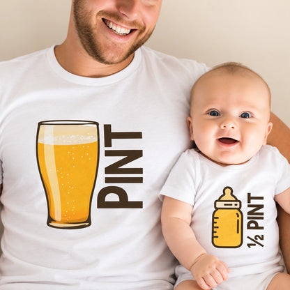Grillen Papa Sohn T-Shirt – Detail der PINT- und Half-Pint-Motive auf weißen Oberteilen