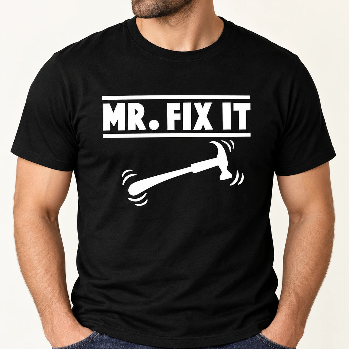Partnerlook Shirts Vater Und Söhne Mr Fix It – Detail des Erwachsenenmotivs mit Hammer