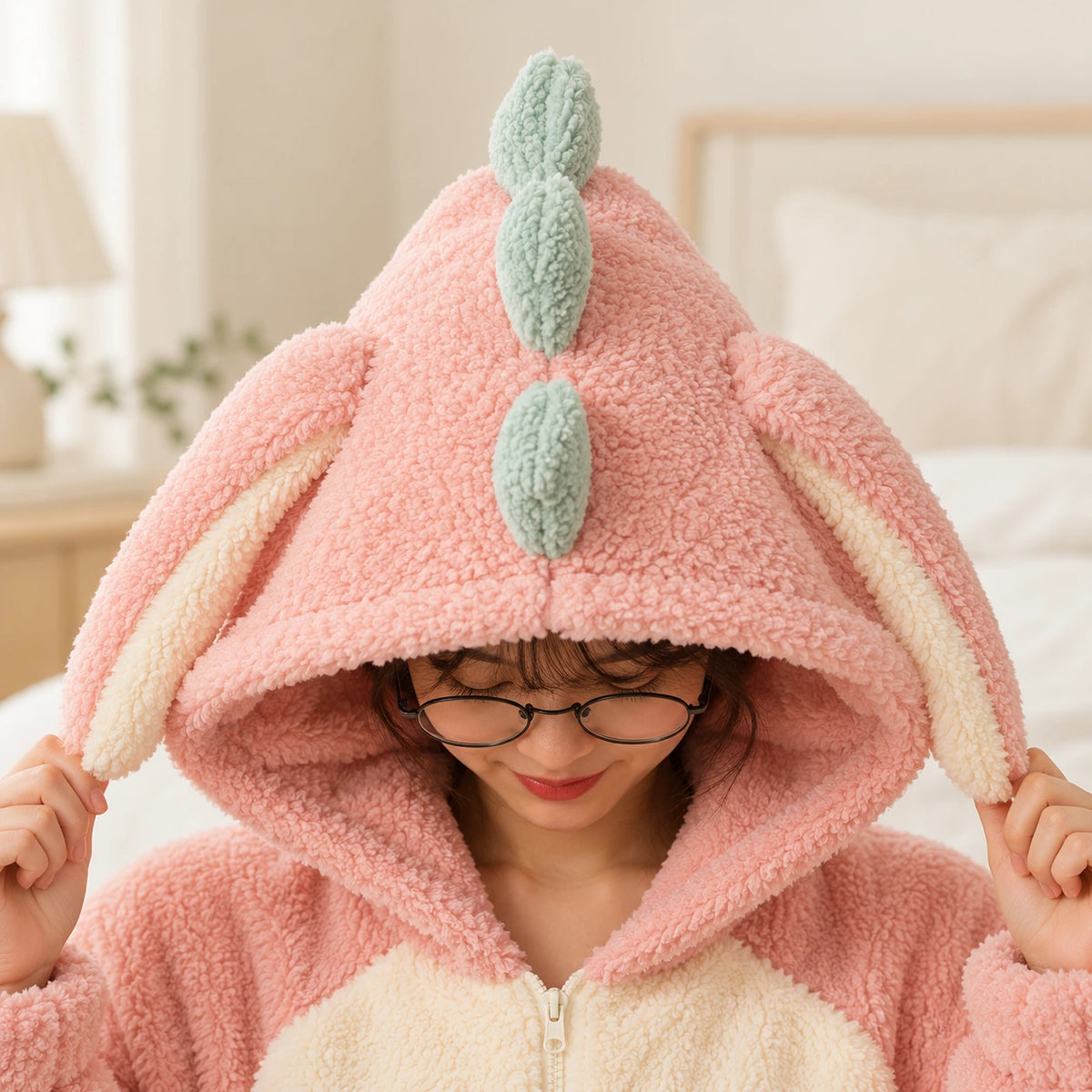 Rosa Dinosaurier-Pyjama – Kapuzendetail