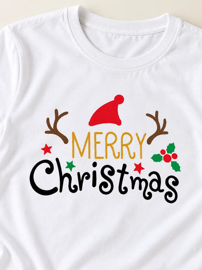 T Shirt Merry Christmas Family – Vorderansicht des Weihnachtsmotivs auf weißem T-Shirt