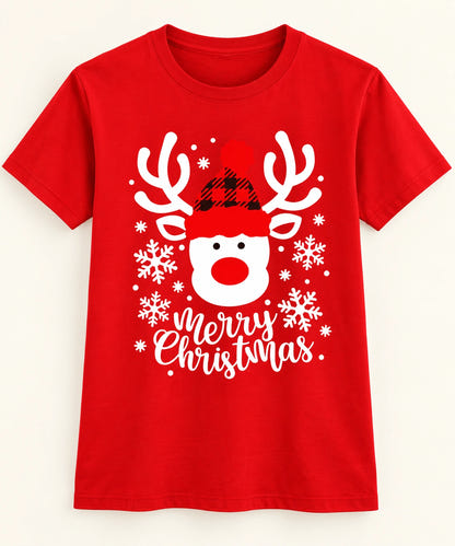 Weihnachts-T-Shirt Familie Merry Christmas – Detail des weißen Rentiers auf rotem T-Shirt