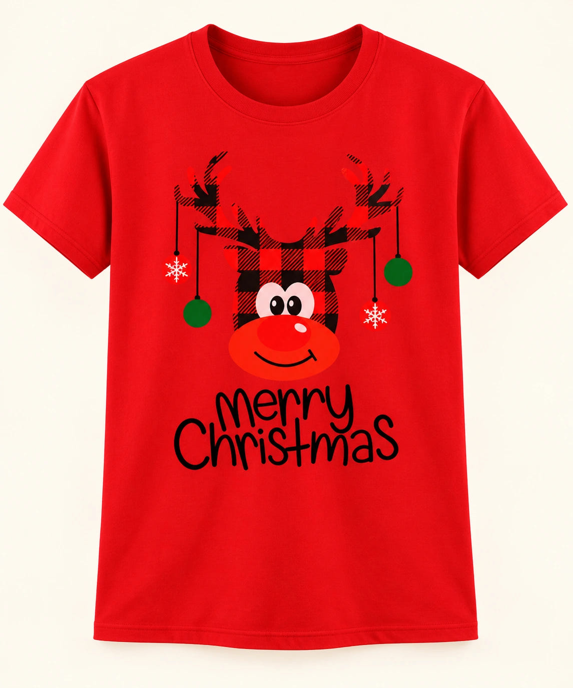 Weihnachts-T-Shirt Familie Rot – Detail des karierten Rentiermotivs mit grünen Weihnachtskugeln