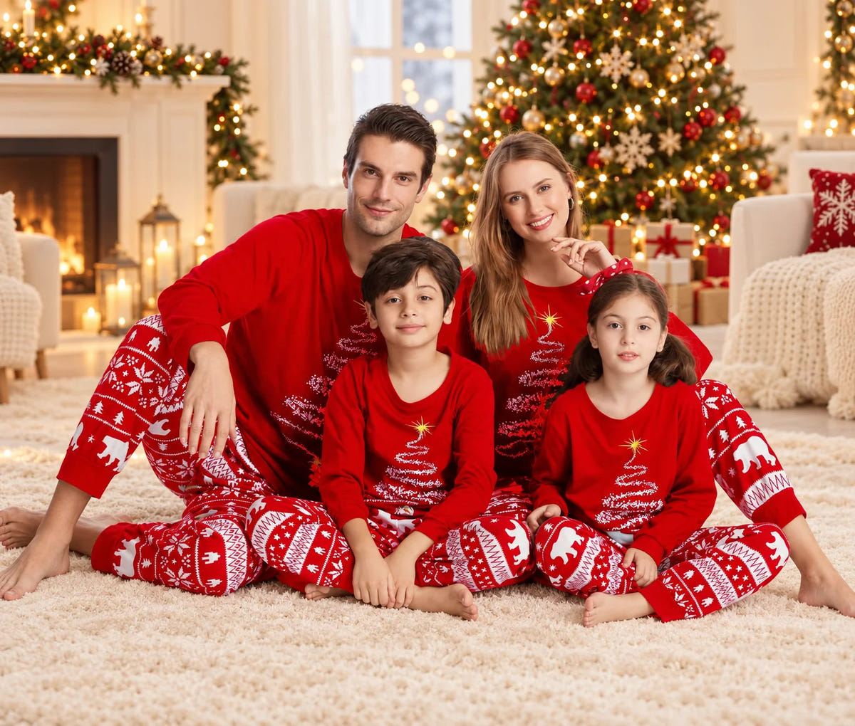 Weihnachtspyjama Familie Mit Tannenbaum – sitzende Familie im roten Weihnachtspyjama