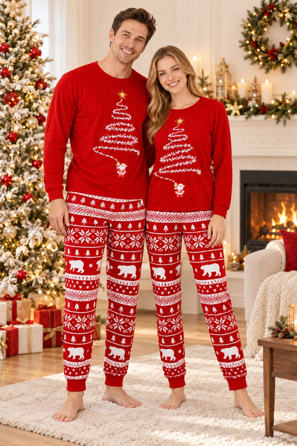 Weihnachtspyjama Familie Mit Tannenbaum – Paar im roten Pyjama mit weißem Weihnachtsmuster