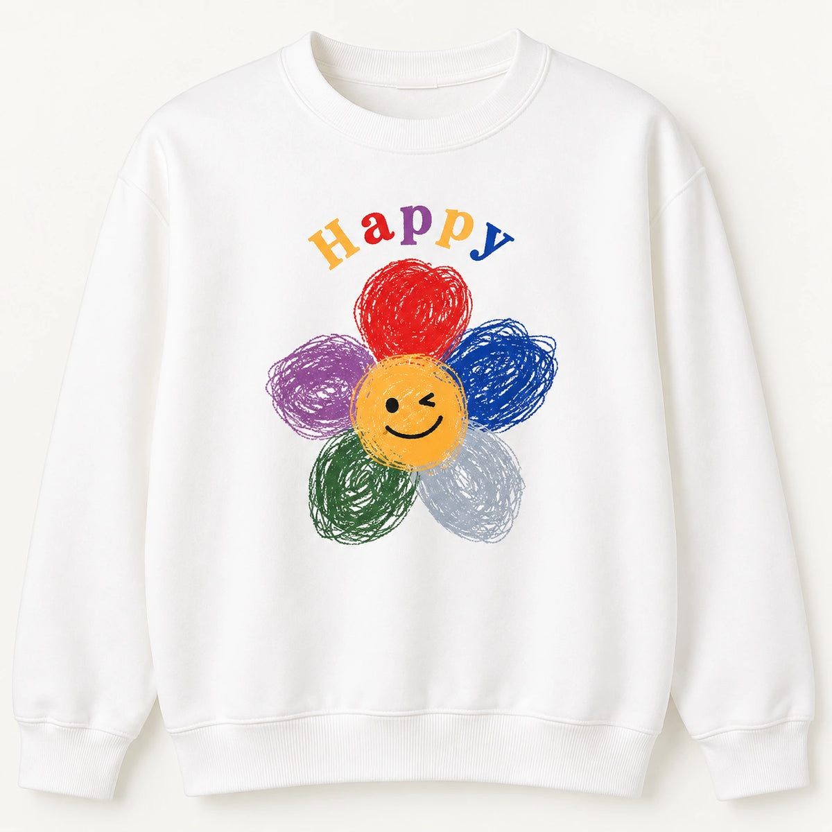 Weißes Sweatshirt – Bunte Happy Blume